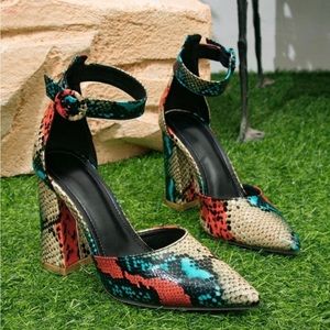 Snakeskin Embossed Point Toe Chunky Heeled Ankle Strap Pumps